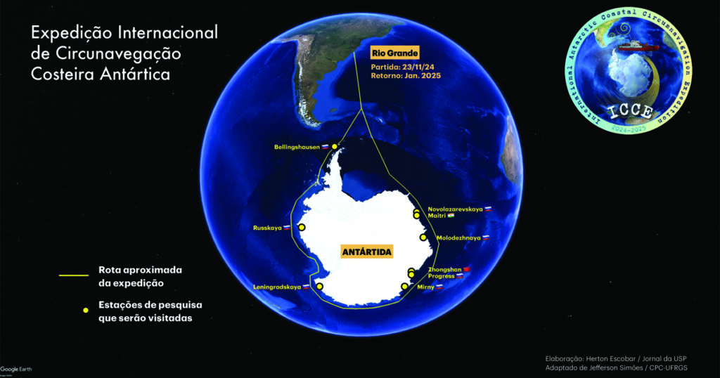 pesquisa-da-usp-pode-ajudar-a-encontrar-vida-extraterrestre-em-busca-de-vida-extraterrestre-imagem-de-satelite-da-antartida-com-o-trajeto-da-expedicao-marcado-em-amarelo-e-localizacao-das-estacoes-de-pesquisa-que-serao-visitadas-missao-vai-percorrer-mais-de-20-mil-km-ao-longo-de-dois-meses-foto-jornal-da-usp-arte-sobre-imagem-do-google-earth-adaptado-de-jefferson-simoes-cpc-ufrgs-tvt-news