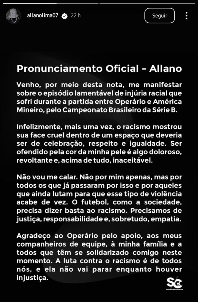 Jogador do América-MG é preso em flagrante após ser acusado injúria racial 1 Nota-do-atleta-Allano--do-Operário-PR--Foto--Reprodução--instagram-tvt-news