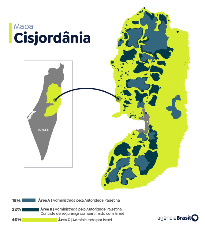 Bloqueio de Israel a palestinos na Cisjordânia é o maior em 20 anos 4 bloqueio-israel-palestinos-cisjordania-maior-20-anos-mapa-da-cisjordania-arte-agencia-brasil-tvt-news