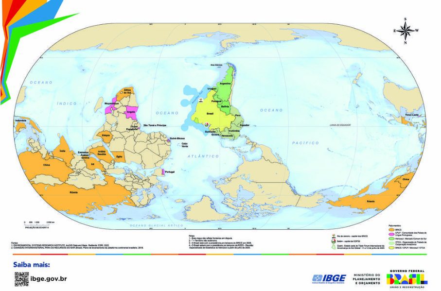 IBGE lança mapa-múndi com Brasil no centro. Entenda 1 mapa invertido ibge