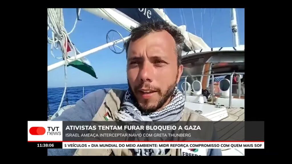 Onde está o navio de Greta Thunberg? Acompanhe a embarcação rumo à Faixa de Gaza 1 thiago-avila-conversa-sobre-gaza-no-jornal-tvt-news-o-ativista-brasileiro-thiago-avila-foto-facebook-reproducao-tvt-news