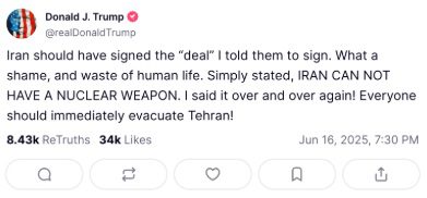 Trump ameaça Irã, pede evacuação de Teerã e movimenta tropas 1 trump
