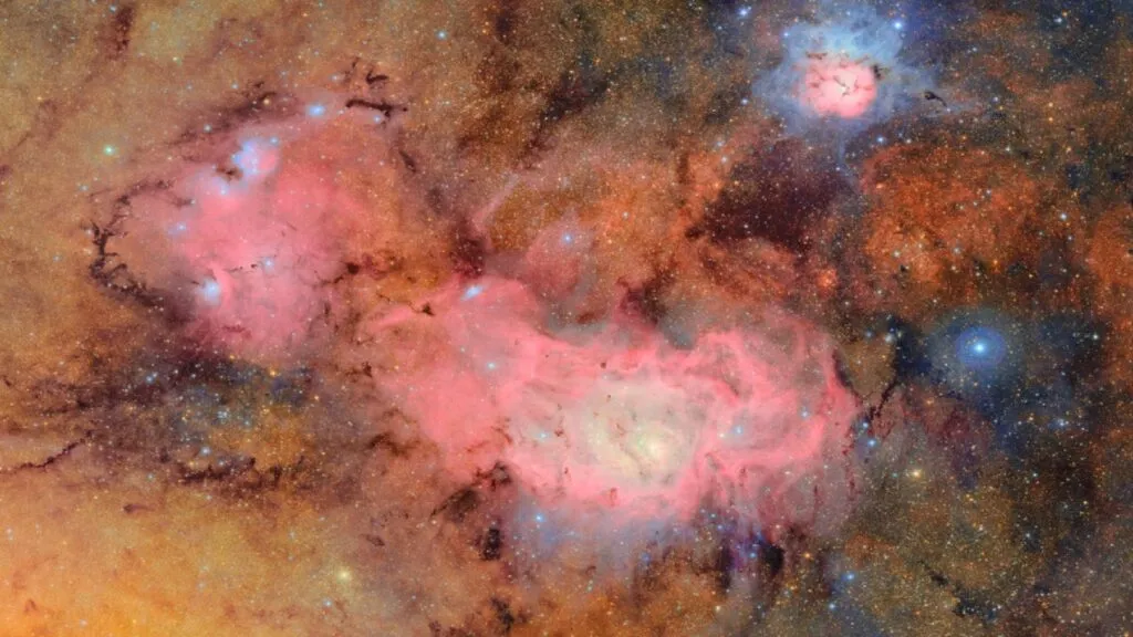 Vera Rubin: supertelescópio inaugura nova era da exploração do Universo 3 Nebulosas de Trifid e Lagoon - Vera Rubin- Foto: NSF–DOE Vera C. Rubin Observatory