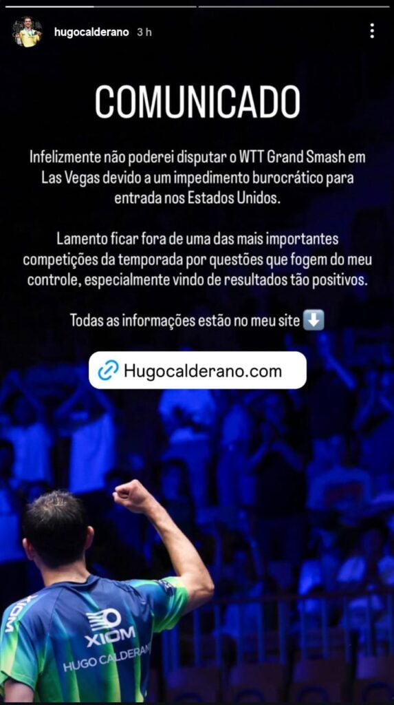 Hugo Calderano é impedido de viajar aos EUA e fica fora de competição em Las Vegas 1 Pronunciamento-de-Hugo-Calderano-nas-redes-sociais-Reprodução:-@hugocalderano/instagram-tvt-news