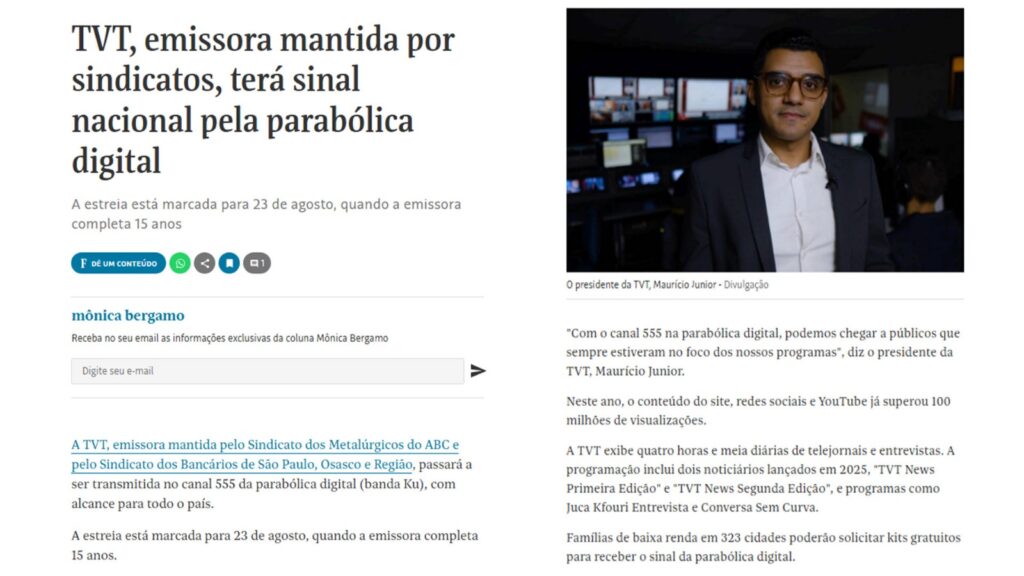 tvt-comemora-15-anos-com-alcance-de-sinal-para-todo-o-pais-15-anos-da-tvt-100-milhoes-de-audiencia-e-tvt-no-canal-555-em-todo-o-brasil-foram-noticia-na-folha-de-s-paulo-imagem-reproducao-folha-de-s-paulo-tvt-news