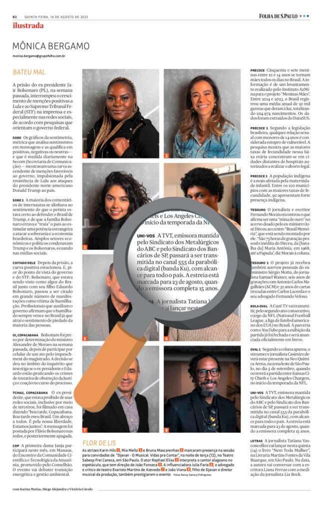 15 anos da TVT, 100 milhões de audiência e TVT no canal 555 em todo o Brasil foram notícia na Folha de S.Paulo. Imagem: Reprodução Folha de S.Paulo 