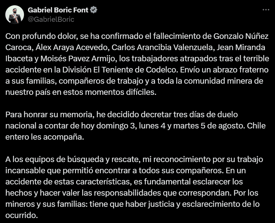 Desabamento em mina de cobre no Chile deixa seis trabalhadores mortos 1 desabamento-mina-de-cobre-chile-presidente-gabriel-boric-pronunciamento-x-tvt-news