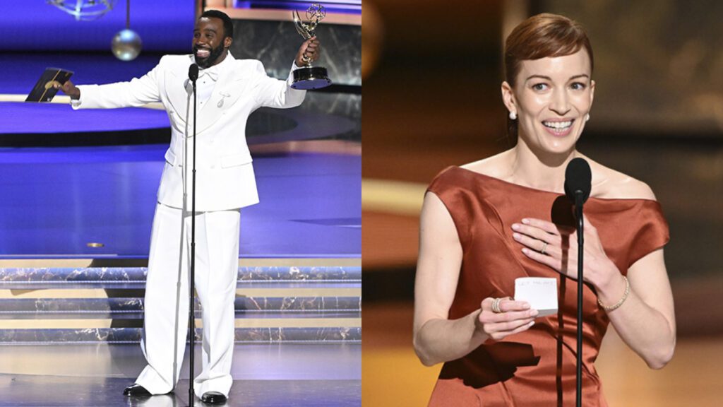 emmy-2025-onde-assistir-as-series-vencedoras-dupla-de-ruptura:-tramell-tillman-o-primeiro-homem-negro-a-vencer-em-sua-categoria-e-britt-lower-foto-invision-ap-tvt-news