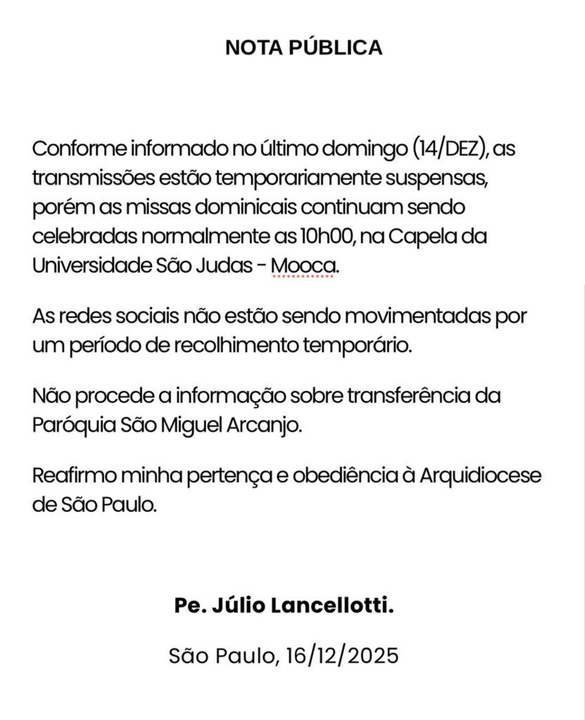 Arquidiocese de SP suspende transmissões e redes sociais do padre Júlio Lancelotti 1 nota-publica-padre-julio-lancelotti-tvt-news