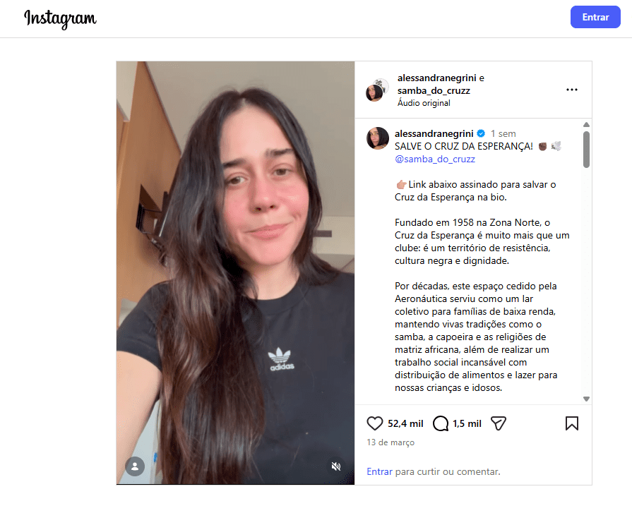 Samba do Cruz pode acabar após decisão de despejo em SP 2 a-atriz-alessandra-negrini-tambem-se-posicionou-em-defesa-do-samba-do-cruz-foto-reproducao-instagram-tvt-news