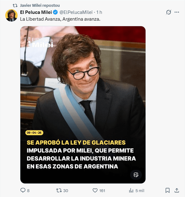 contrariando-ciencia-milei-quer-liberar-mineracao-em-gelerias-postagem-defende-que-a-reforma-na-lei-de-geleiras-e-uma-vitoria-da-liberdade-redes-sociais-reproducao-tvt-news