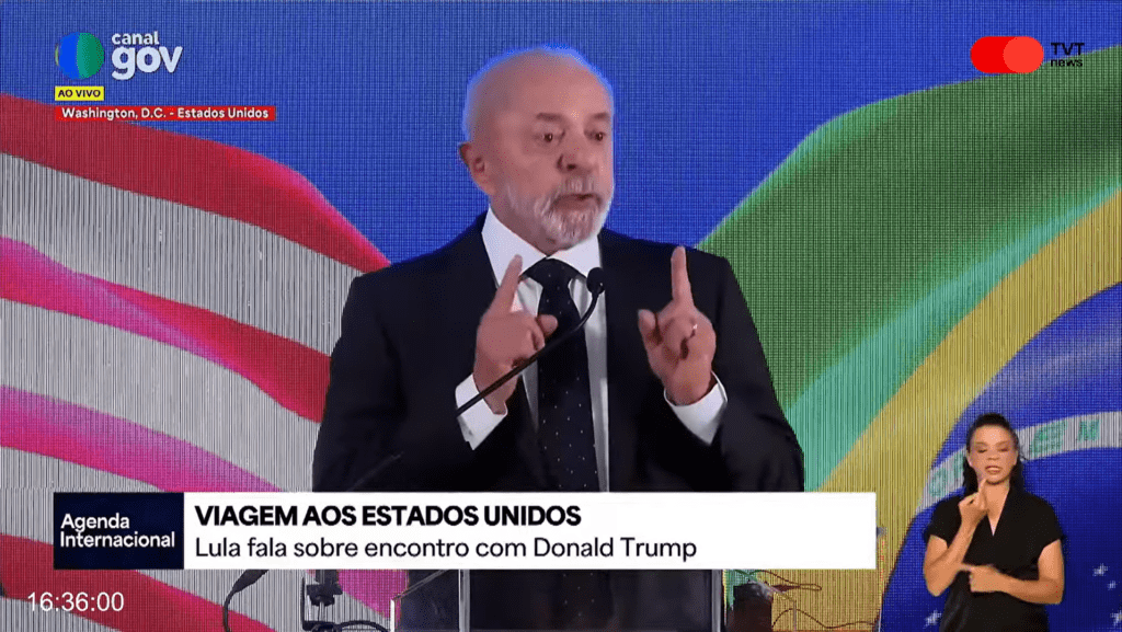 eu-saio-daqui-com-uma-ideia-de-que-nos-demos-um-passo-importante--lula-sobre-encontro-com-trump--lula-em-coletiva-de-imprensa-apos-conversa-com-trump-em-washington--reproducao--tvt-news