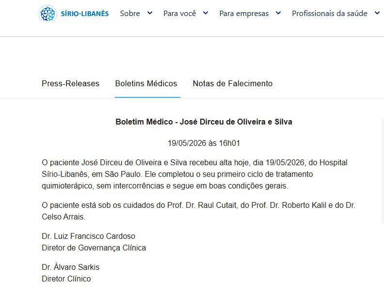 José Dirceu está em boas condições após fim do 1° ciclo de quimioterapia 1 dirceu-tem-alta-apos-completaro-primeiro-ciclo-quimioterapia-tvt-news