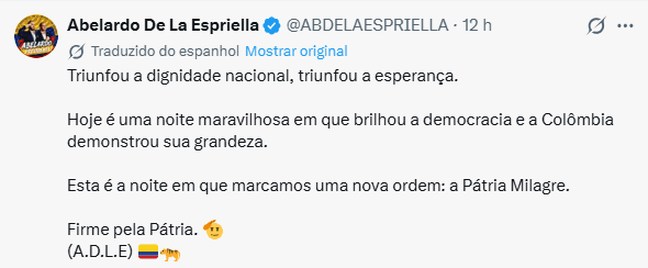 Espriella, candidato da extrema-direita, vence a eleição presidencial da Colômbia 1 espriella-candidato-da-extrema-direita-vence-a-eleicao-presidencial-da-colombia-espirella-em-seu-x-foto-reproducao-tvt-news