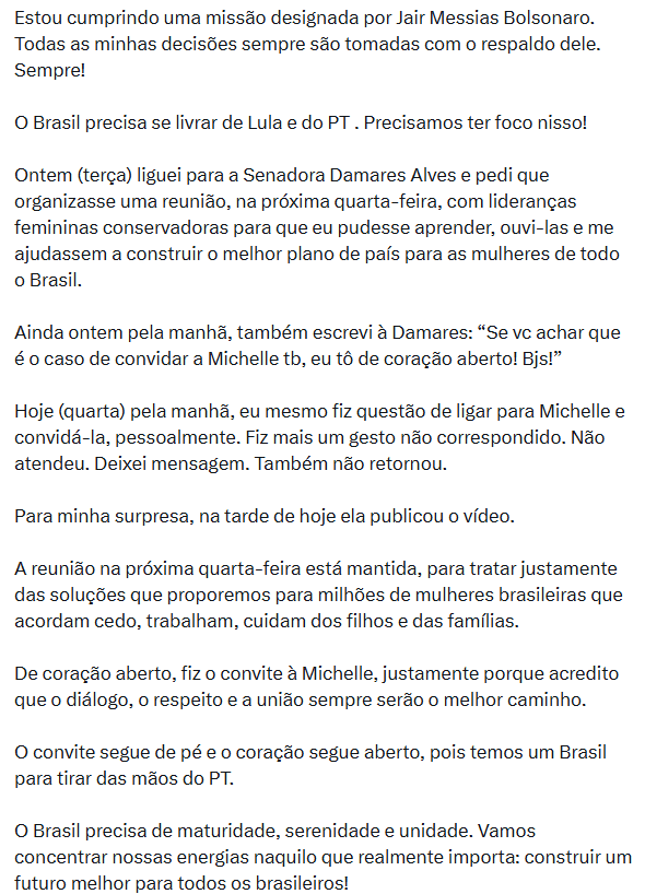 michelle-bolsonaro-publica-video-criticando-flavio-e-amplia-sinais-de-divisao-no-bolsonarismo-reproducao-x-tvt-news