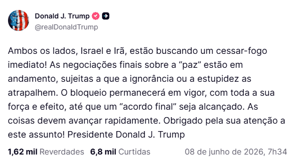 Irã suspende ataques a Israel; Trump se manifesta sobre cessar-fogo entre os países 1 ira-suspende-ataques-a-israel-trump-se-manifesta-sobre-cessar-fogo-entre-os-paises-trump-sobre-ataques-em-sua-rede-social-reproducao-tvt-news