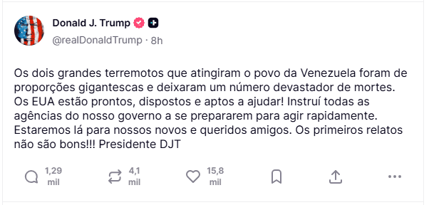 terremoto-na-venezuela-mobiliza-lula-e-lideres-mundiais-em-operacao-de-ajuda-humanitaria-o-presidente-trump-em-suas-redes-sociais-reproducao-tvt-news