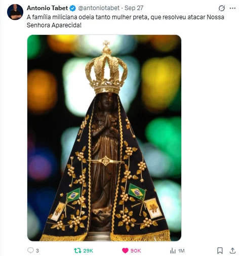 Fux contraria Dino e suspende posts sobre Nossa Senhora Aparecida 1 post-antonio-tabet-nossa-senhora-aparecida-redes-sociais-x