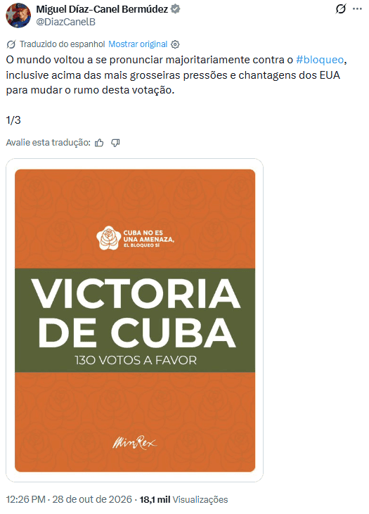 ONU rejeita blouqueio dos Estados Unidos contra Cuba por 130 votos 3 cuba-onu-aprova-fim-do-bloqueio-tvt-news