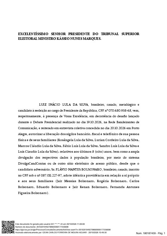 Lula protocola autorização no TSE para abrir sigilos e desafia Flávio Bolsonaro 2 foto-reproducao