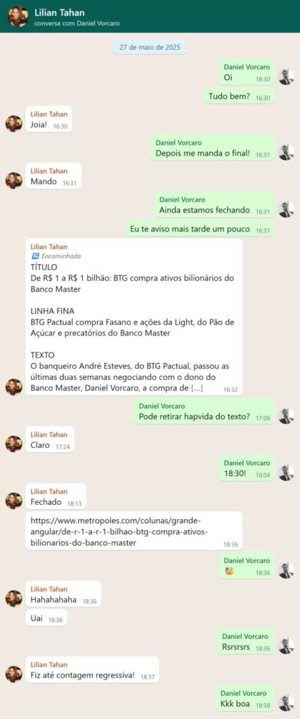 Vorcaro editava textos do Metrópoles antes de irem ao ar 2 lilian-tahan-vorcaro-metropoles-mensagens-pf-policia-federal-banco-master