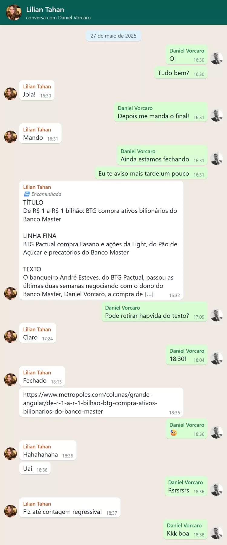 lilian-tahan-vorcaro-metropoles-mensagens-pf-policia-federal-banco-master
