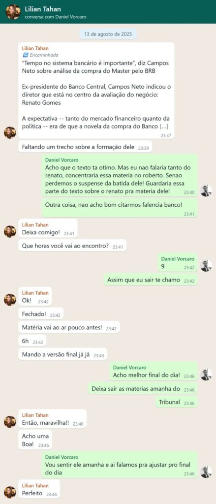 Vorcaro editava textos do Metrópoles antes de irem ao ar 1 lilian-tahan-vorcaro-metropoles-mensagens-pf-policia-federal-banco-master