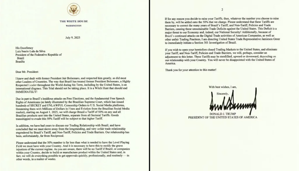 Tarifas de Trump geram críticas de Nobel de Economia: “medida maligna e megalomaníaca" 1 carta-trump-lula-reproducao-tvt-news-tarifas