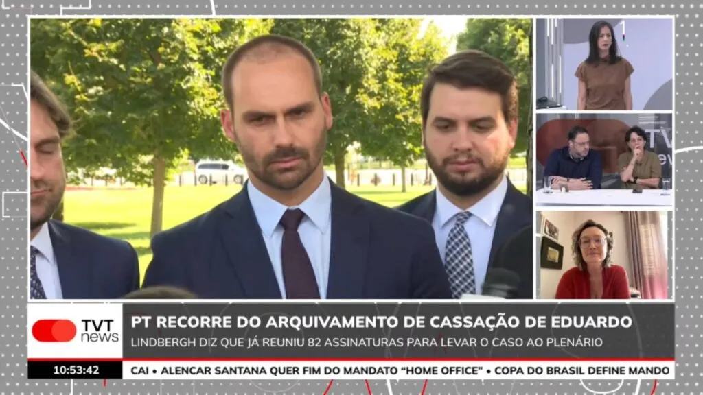 pt-recorre-de-arquivamento-de-cassacao-de-eduardo-bolsonaro-nao-e-dado-a-nenhum-deputado-o-direito-de-agir-contra-a-patria-disse-maria-do-rosario-foto-reproducao-tvt-news