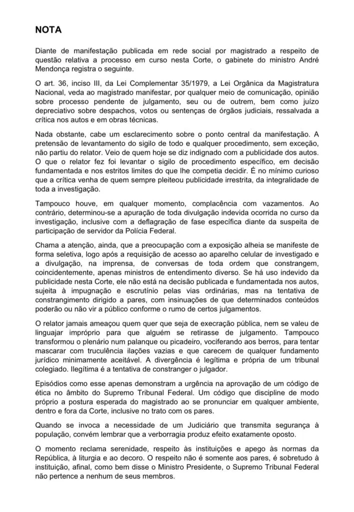 Gilmar Mendes defende Gonet e critica Mendonça, que responde em seguida 3 nota-andre-mendonca-resposta-post-gilmar-mendes